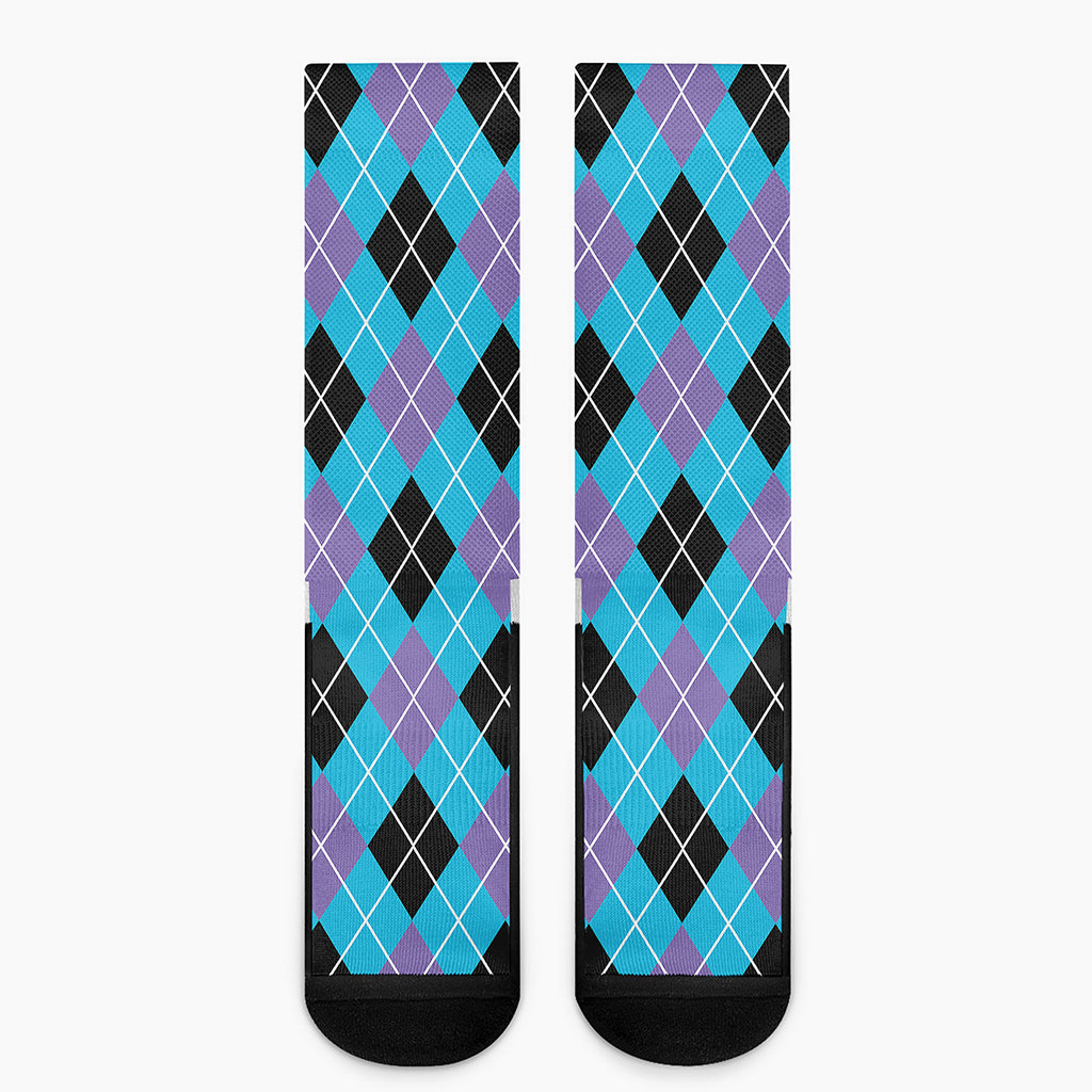 Blue Black And Purple Argyle Print Crew Socks