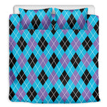 Blue Black And Purple Argyle Print Duvet Cover Bedding Set
