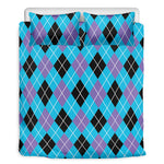 Blue Black And Purple Argyle Print Duvet Cover Bedding Set