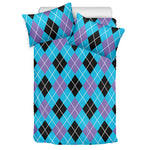 Blue Black And Purple Argyle Print Duvet Cover Bedding Set