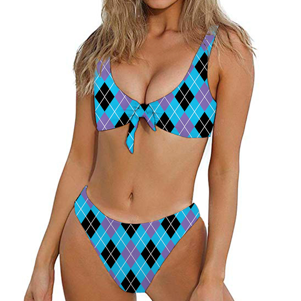 Blue Black And Purple Argyle Print Front Bow Tie Bikini