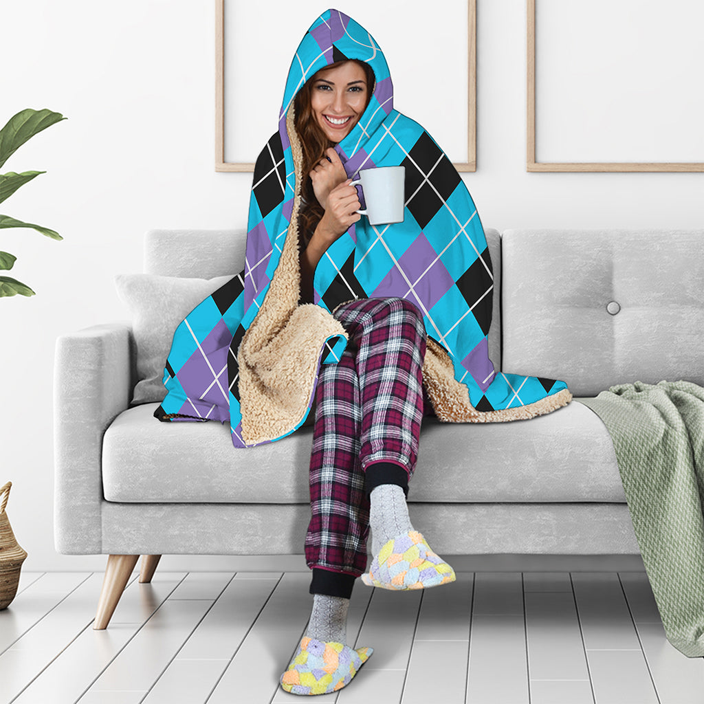 Blue Black And Purple Argyle Print Hooded Blanket