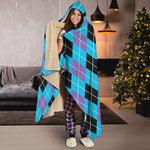 Blue Black And Purple Argyle Print Hooded Blanket