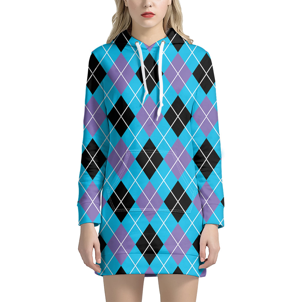 Blue Black And Purple Argyle Print Hoodie Dress