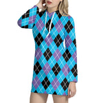 Blue Black And Purple Argyle Print Hoodie Dress