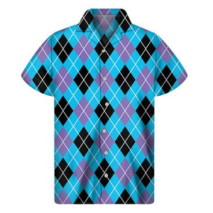 Blue Black And Purple Argyle Print Men's Short Sleeve Shirt