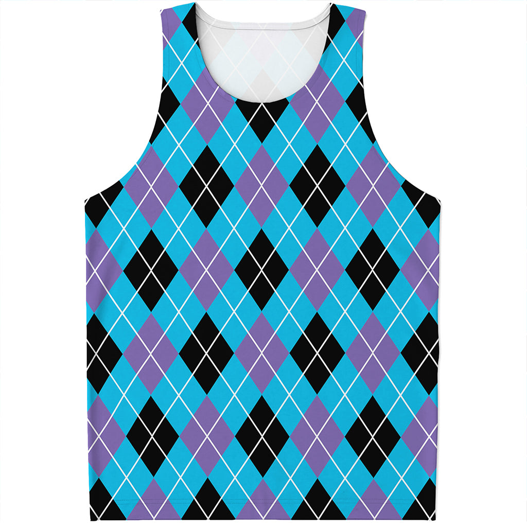 Blue Black And Purple Argyle Print Men's Tank Top
