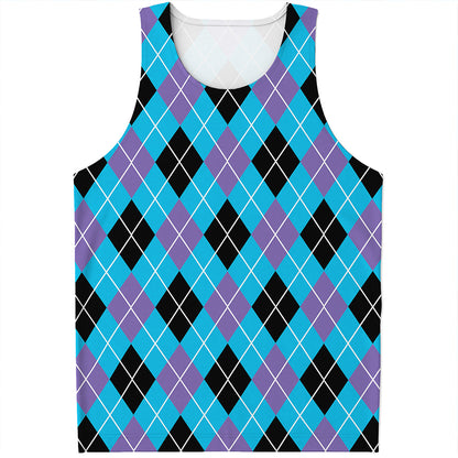 Blue Black And Purple Argyle Print Men's Tank Top