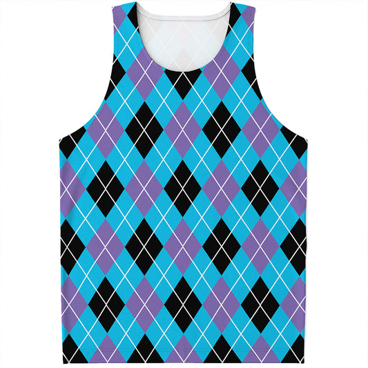 Blue Black And Purple Argyle Print Men's Tank Top