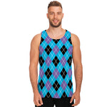 Blue Black And Purple Argyle Print Men's Tank Top