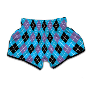 Blue Black And Purple Argyle Print Muay Thai Boxing Shorts