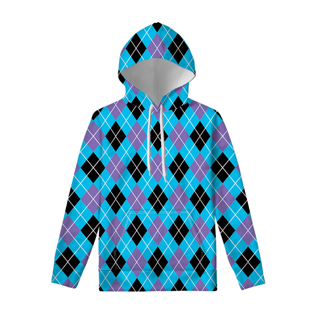 Blue Black And Purple Argyle Print Pullover Hoodie