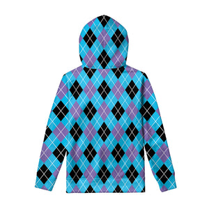 Blue Black And Purple Argyle Print Pullover Hoodie