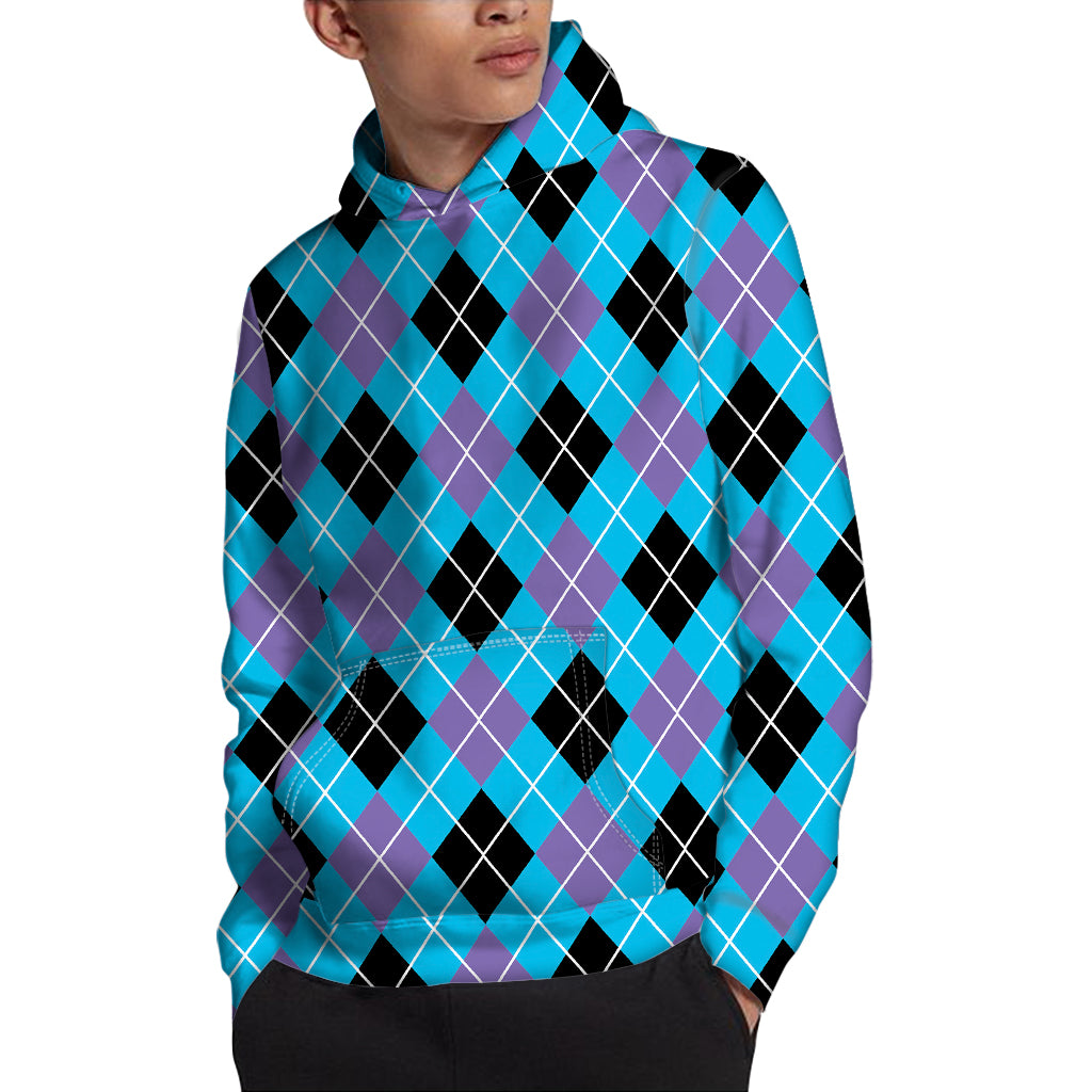 Blue Black And Purple Argyle Print Pullover Hoodie