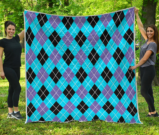 Blue Black And Purple Argyle Print Quilt