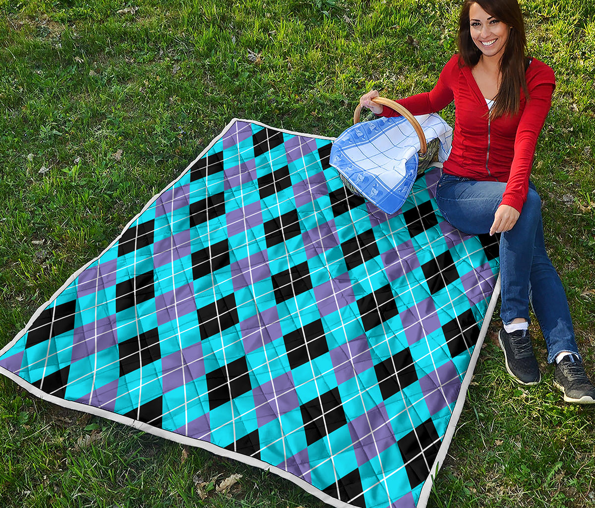 Blue Black And Purple Argyle Print Quilt