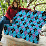 Blue Black And Purple Argyle Print Quilt
