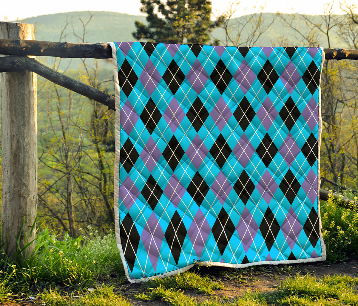 Blue Black And Purple Argyle Print Quilt