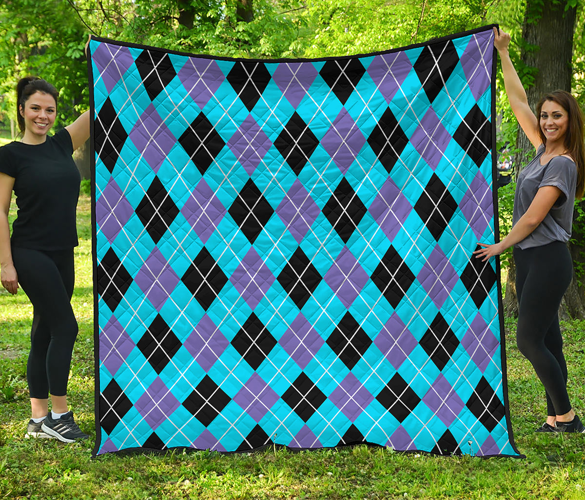 Blue Black And Purple Argyle Print Quilt