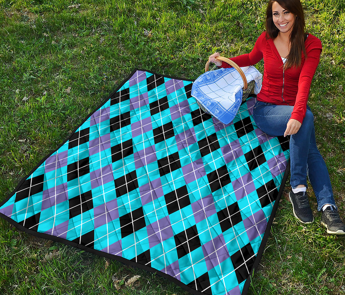 Blue Black And Purple Argyle Print Quilt