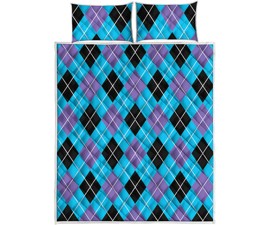 Blue Black And Purple Argyle Print Quilt Bed Set