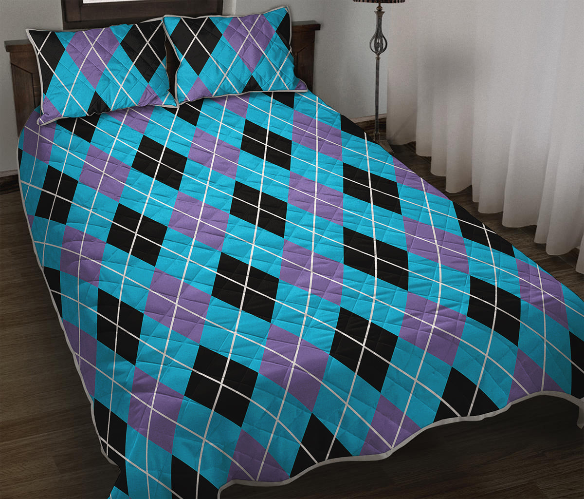 Blue Black And Purple Argyle Print Quilt Bed Set