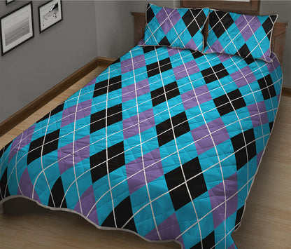 Blue Black And Purple Argyle Print Quilt Bed Set