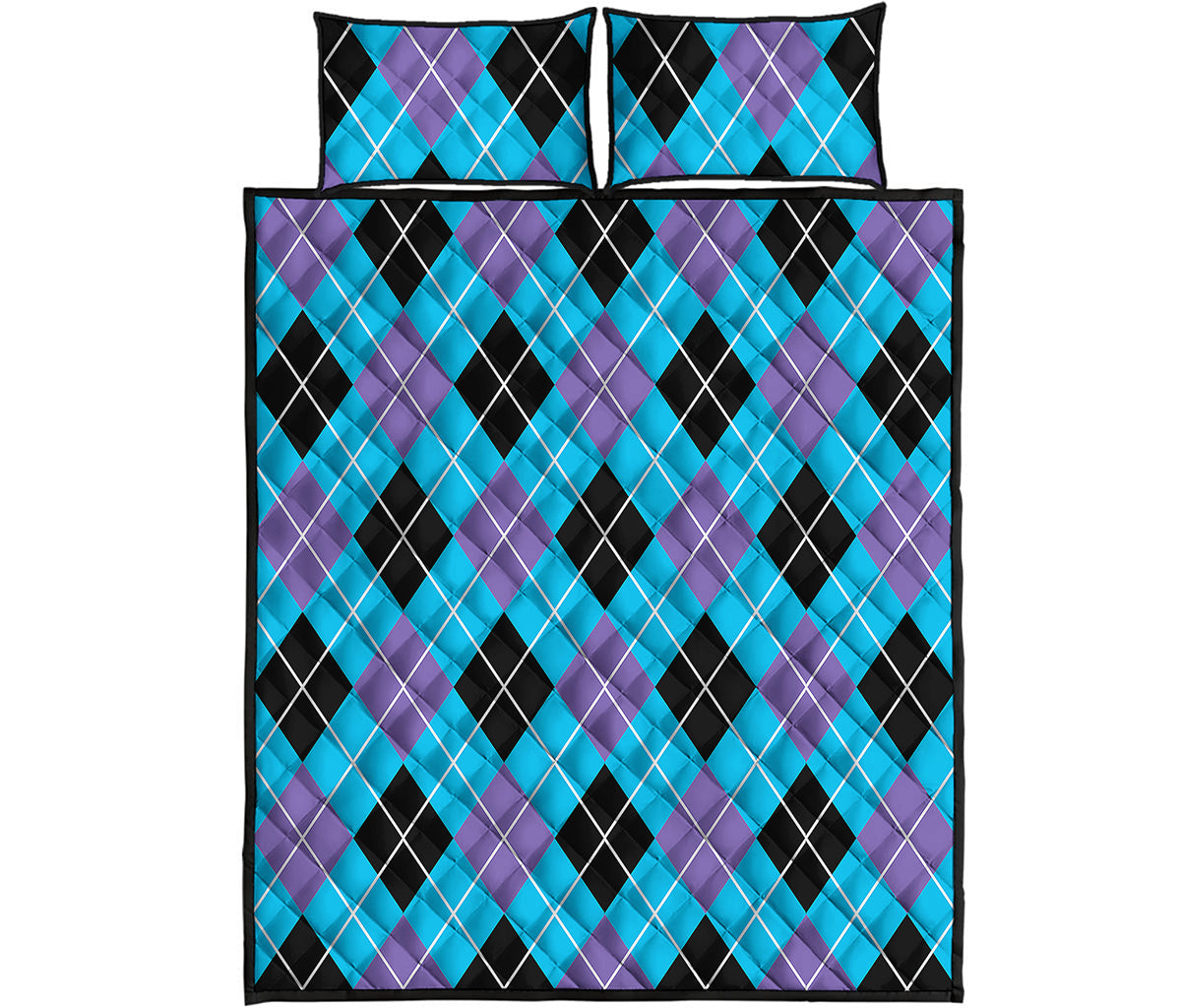 Blue Black And Purple Argyle Print Quilt Bed Set