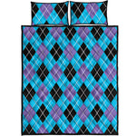 Blue Black And Purple Argyle Print Quilt Bed Set