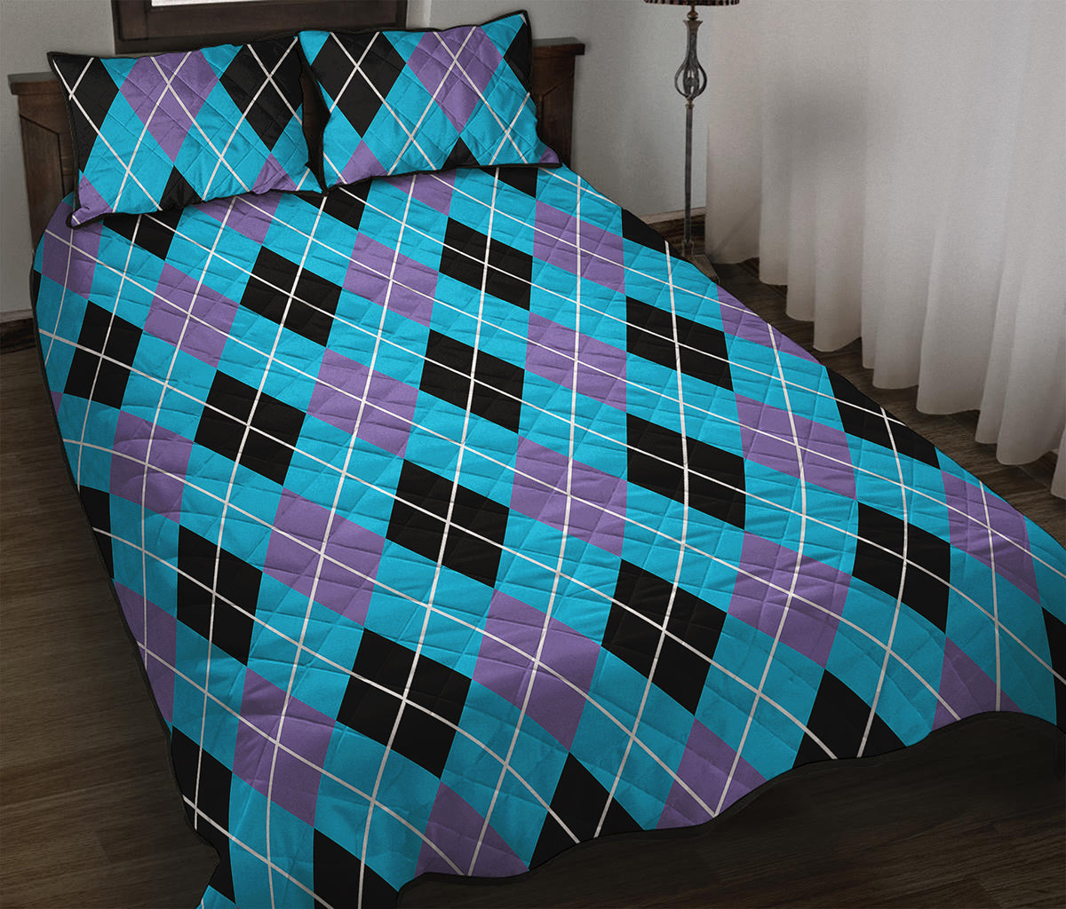 Blue Black And Purple Argyle Print Quilt Bed Set