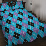 Blue Black And Purple Argyle Print Quilt Bed Set
