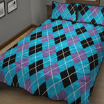 Blue Black And Purple Argyle Print Quilt Bed Set