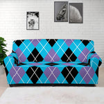 Blue Black And Purple Argyle Print Sofa Cover