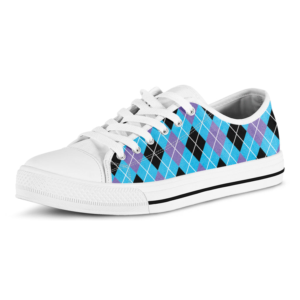 Blue Black And Purple Argyle Print White Low Top Shoes
