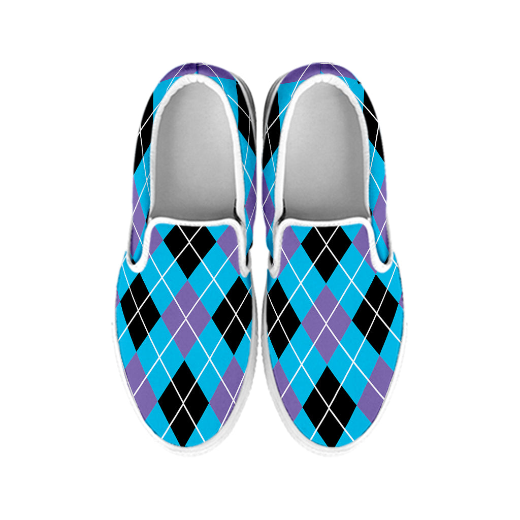 Blue Black And Purple Argyle Print White Slip On Shoes