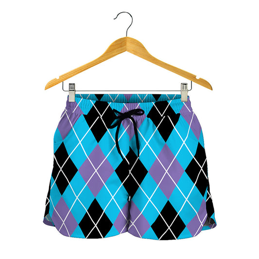 Blue Black And Purple Argyle Print Women's Shorts