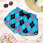 Blue Black And Purple Argyle Print Women's Shorts