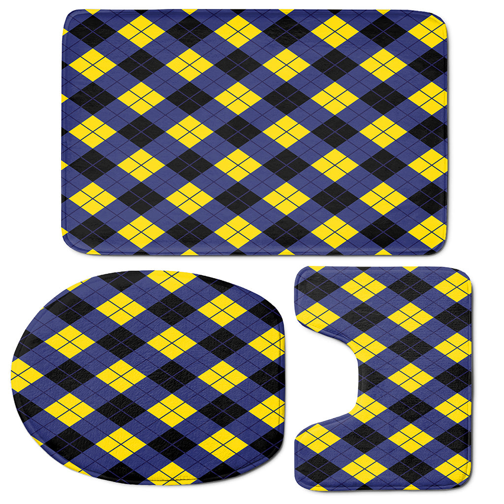 Blue Black And Yellow Argyle Print 3 Piece Bath Mat Set
