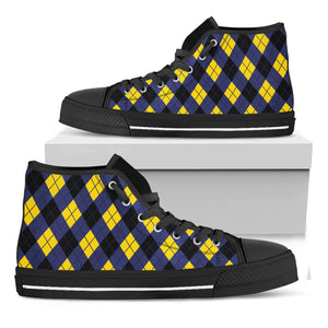 Blue Black And Yellow Argyle Print Black High Top Shoes