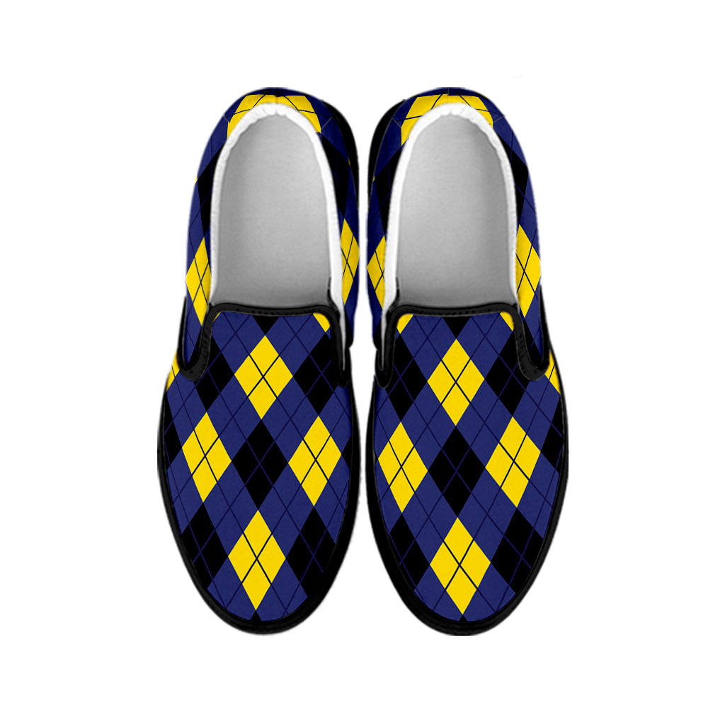Blue Black And Yellow Argyle Print Black Slip On Shoes