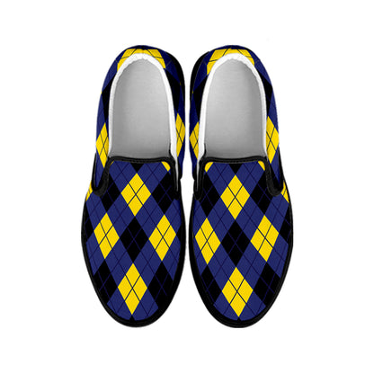 Blue Black And Yellow Argyle Print Black Slip On Shoes