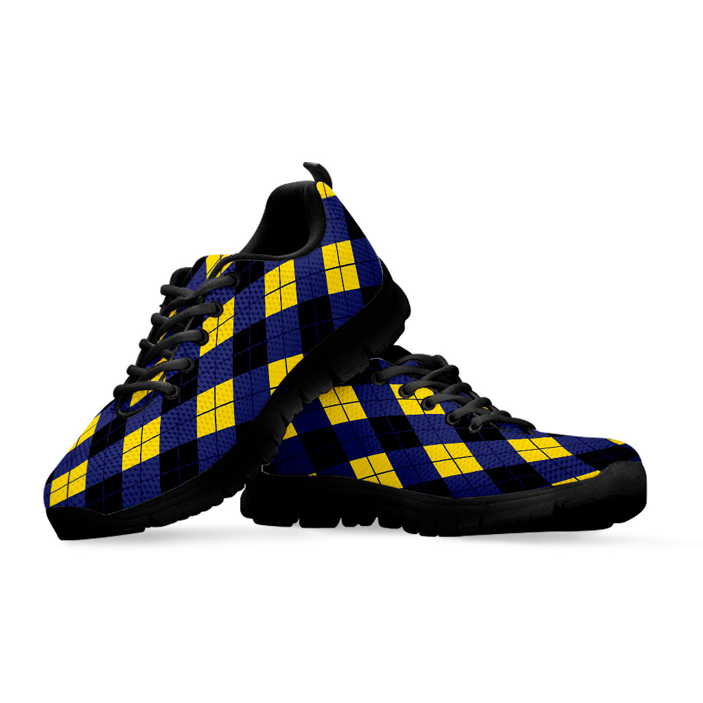 Blue Black And Yellow Argyle Print Black Sneakers
