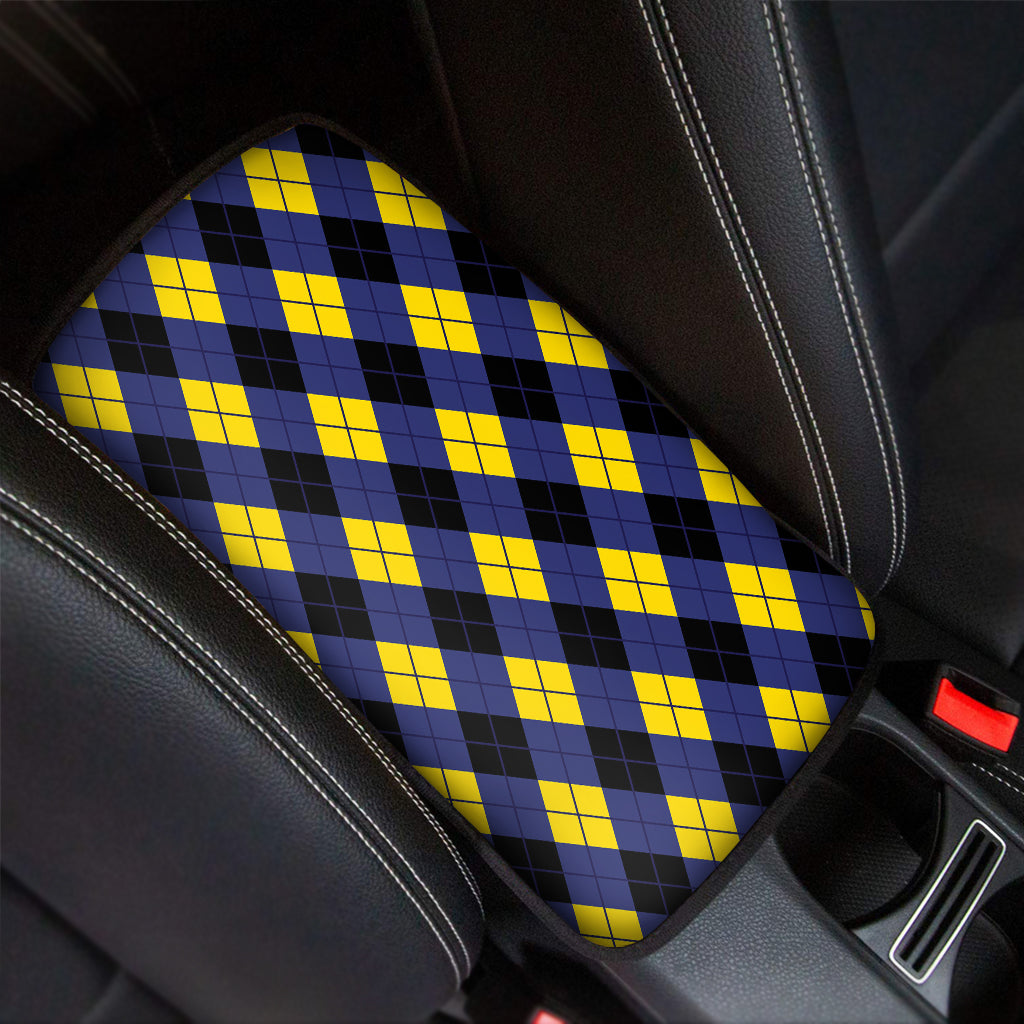 Blue Black And Yellow Argyle Print Car Center Console Cover