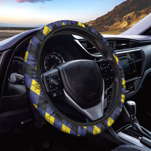 Blue Black And Yellow Argyle Print Car Steering Wheel Cover