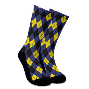 Blue Black And Yellow Argyle Print Crew Socks