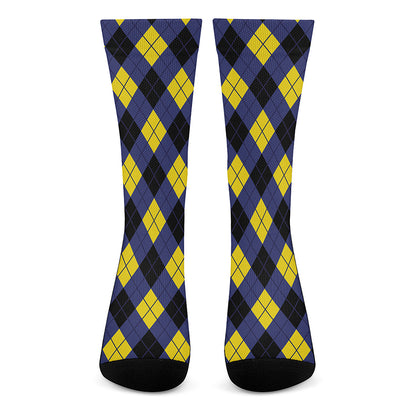 Blue Black And Yellow Argyle Print Crew Socks