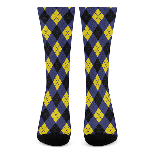 Blue Black And Yellow Argyle Print Crew Socks