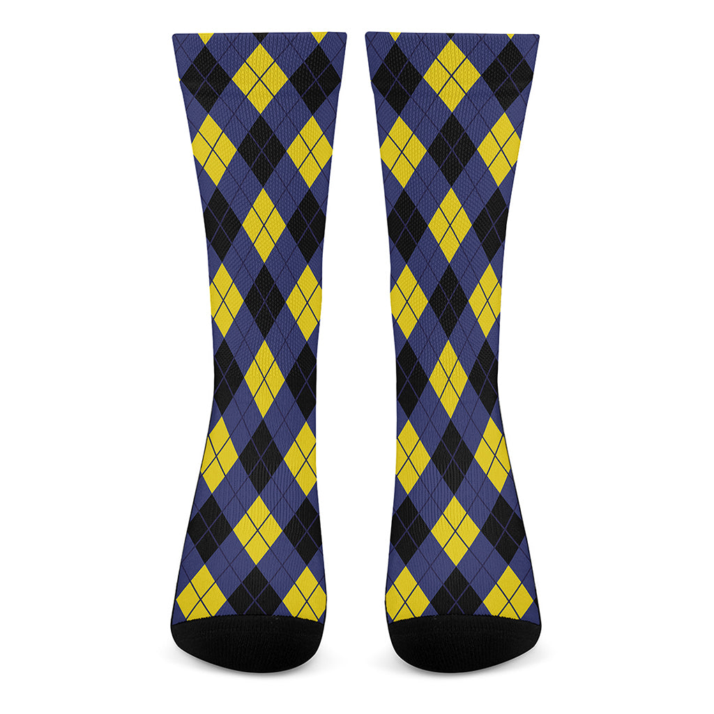 Blue Black And Yellow Argyle Print Crew Socks