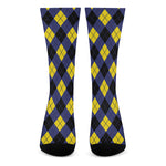 Blue Black And Yellow Argyle Print Crew Socks