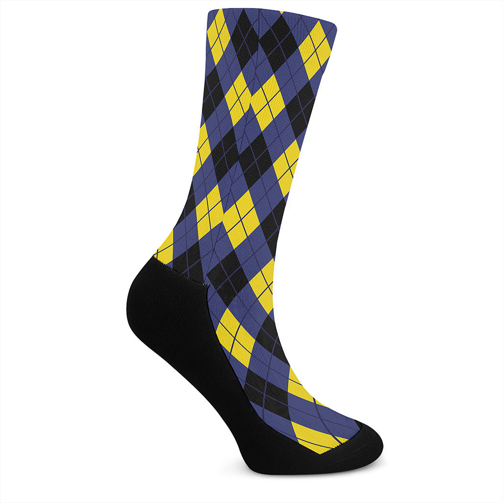 Blue Black And Yellow Argyle Print Crew Socks